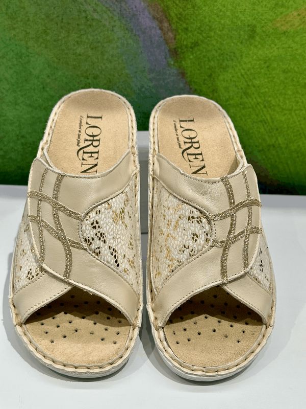 LOREN M3142  ciabatta per donna aperta beige oro elisticizzata soletta estraibile regolabile scalzato