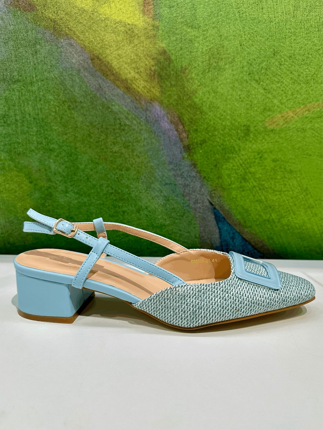 Sling back  in rafia jeans azzurro con fibbia special numeri grandi dal 41 al 44