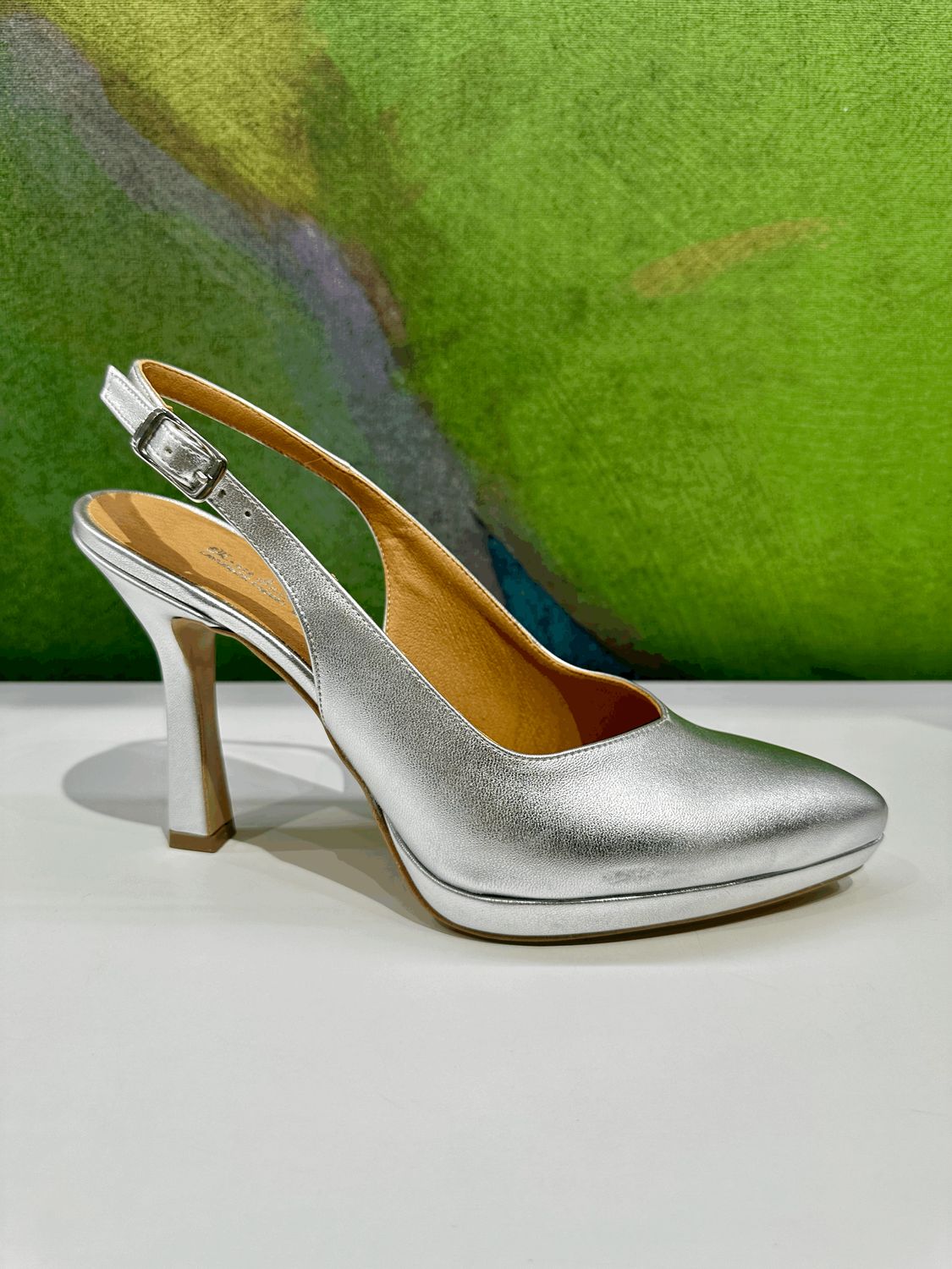 MARIA FRANCESCA RUSSO 65 sling back in pelle argento   tacco a roccheto e plateau  scollo a cuore