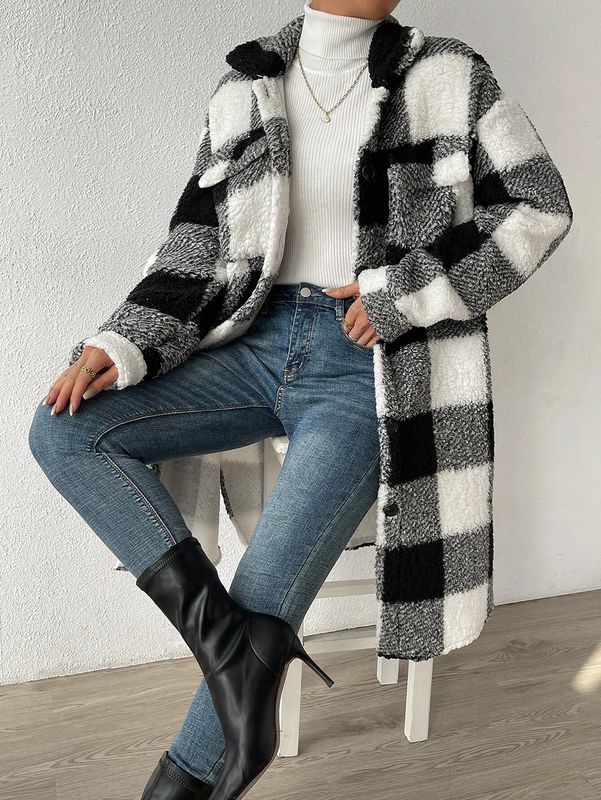 &quot;Patterns Play Collection&quot; Women&#39;s Plush Plaid Coat, Color: Black and white grid, Size: S