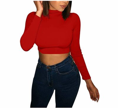 &quot;Color Crew Collection&quot; Women&#39;s Long Sleeve Crop Tee, Color: Red, Size: S