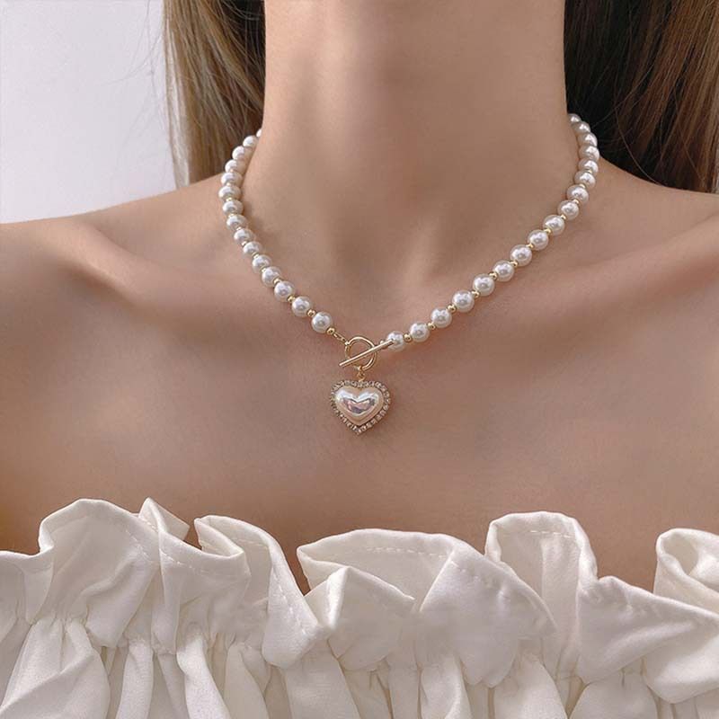 Luxury Faux Pearl Heart Necklace, Color: Golden