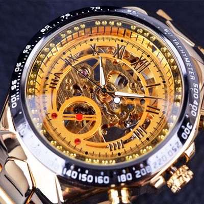 Men Steel Mechanical Watch Band Watch Hollow IPJ Electroplated, Color: Gold shell and gold noodles