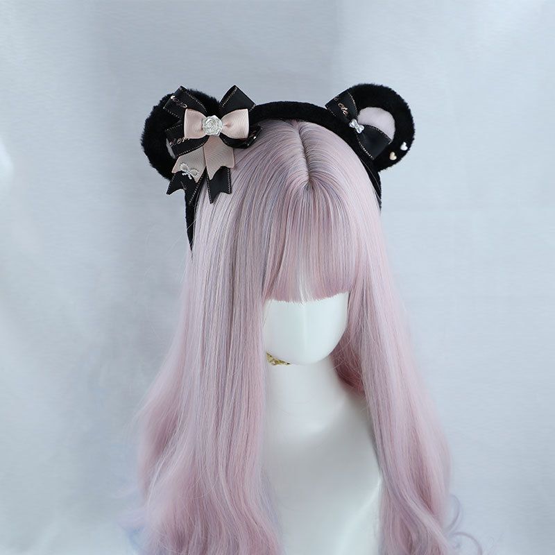 Lolita Pearl Rose Plush Bear Headband, Color: Rose bear ear headband-black powder