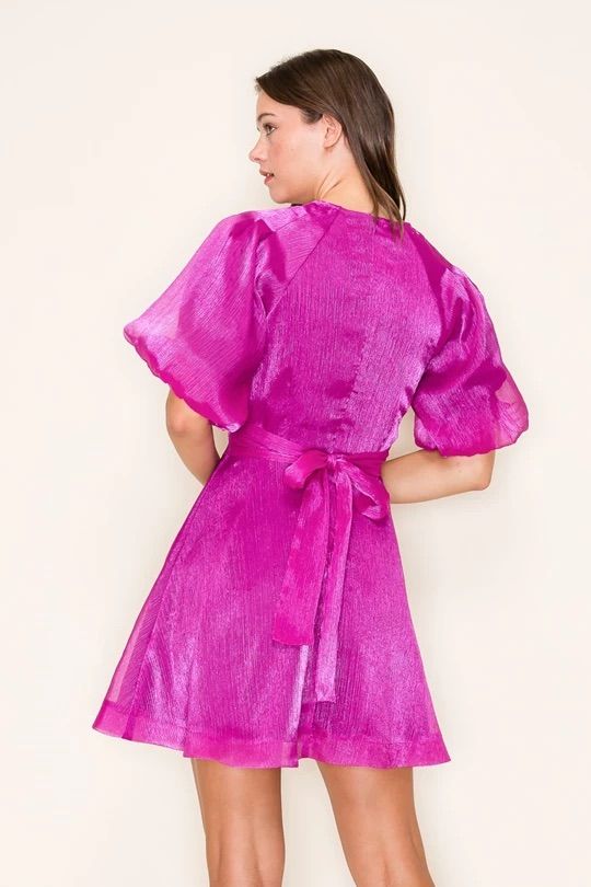 Fuchsia Round Neck Puff Sleeve Dress, Size: S