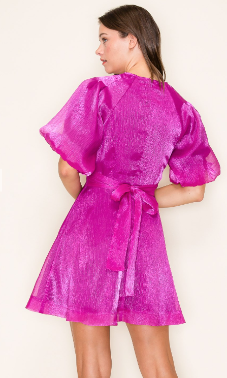 Fuchsia Round Neck Puff Sleeve Dress