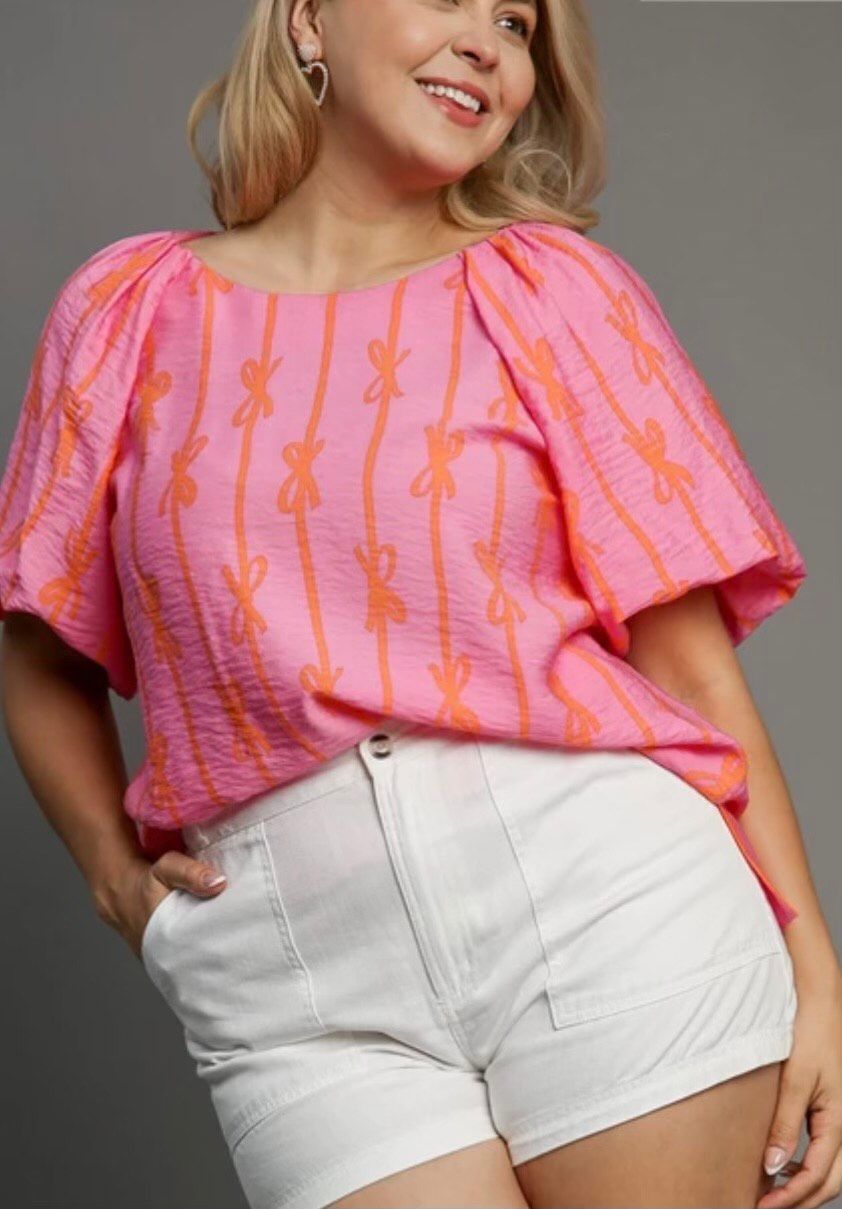1XL Bubble Pink and Orange Bow Blouse Extends