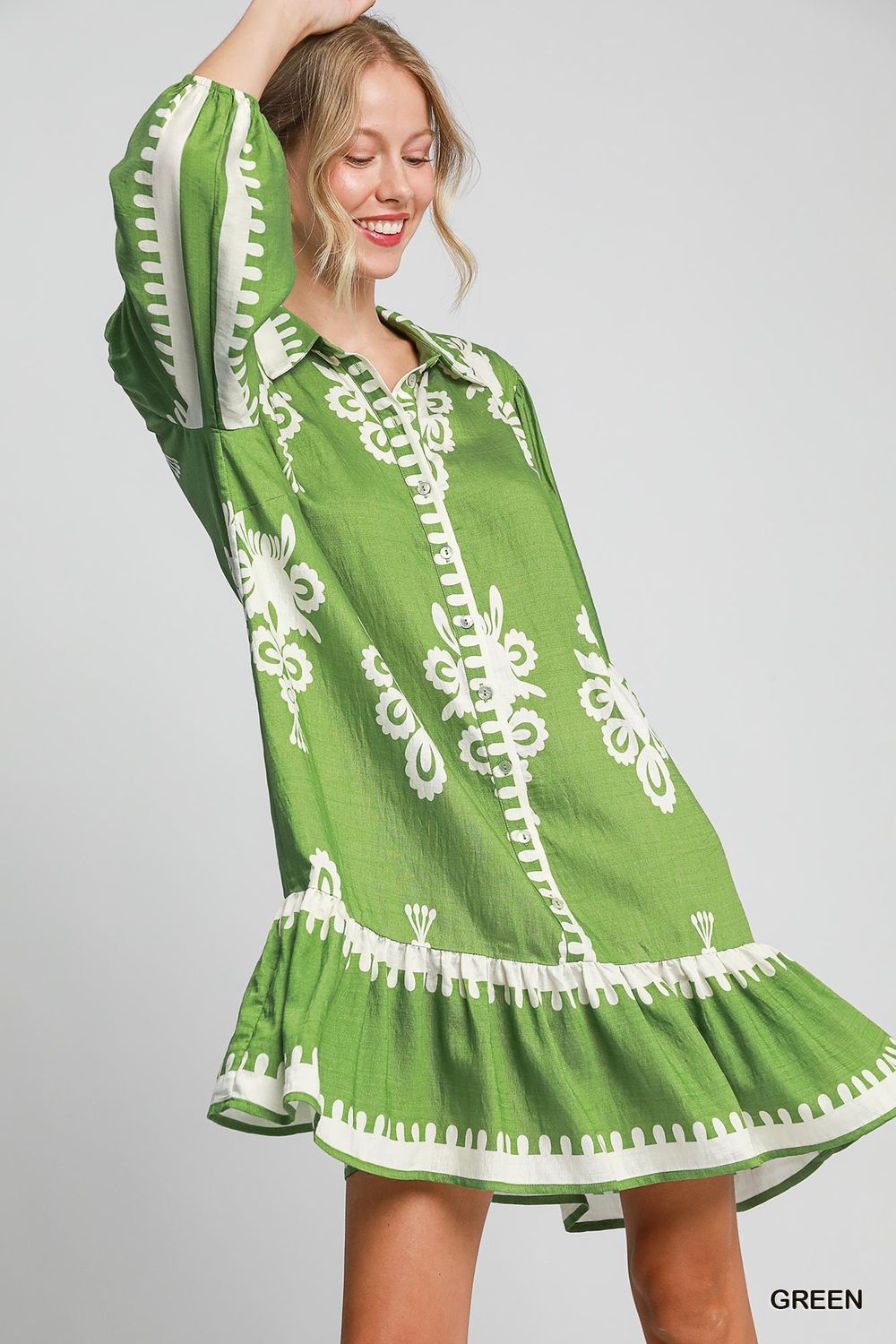 Green Shirt Dress With Block Print