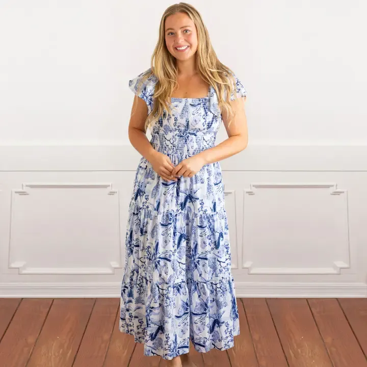 Blue Leopard Palms Smocked Flutter Sleeve Dress