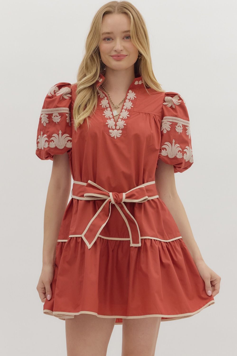 Rust Solid Contrast Belted Dress