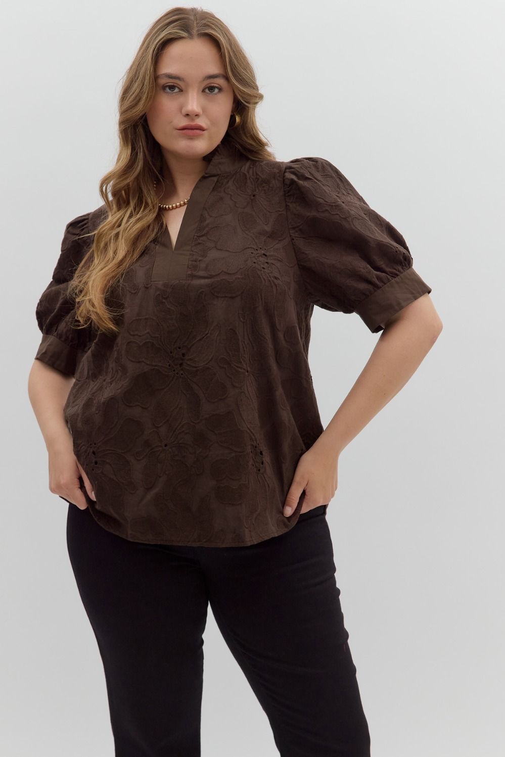 Brown Floral Embroidered Puff Sleeve Top Extends