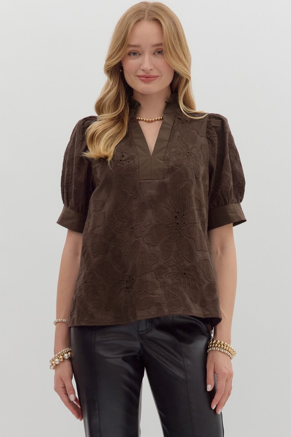 Brown Floral Embroidered Puff Sleeve Top