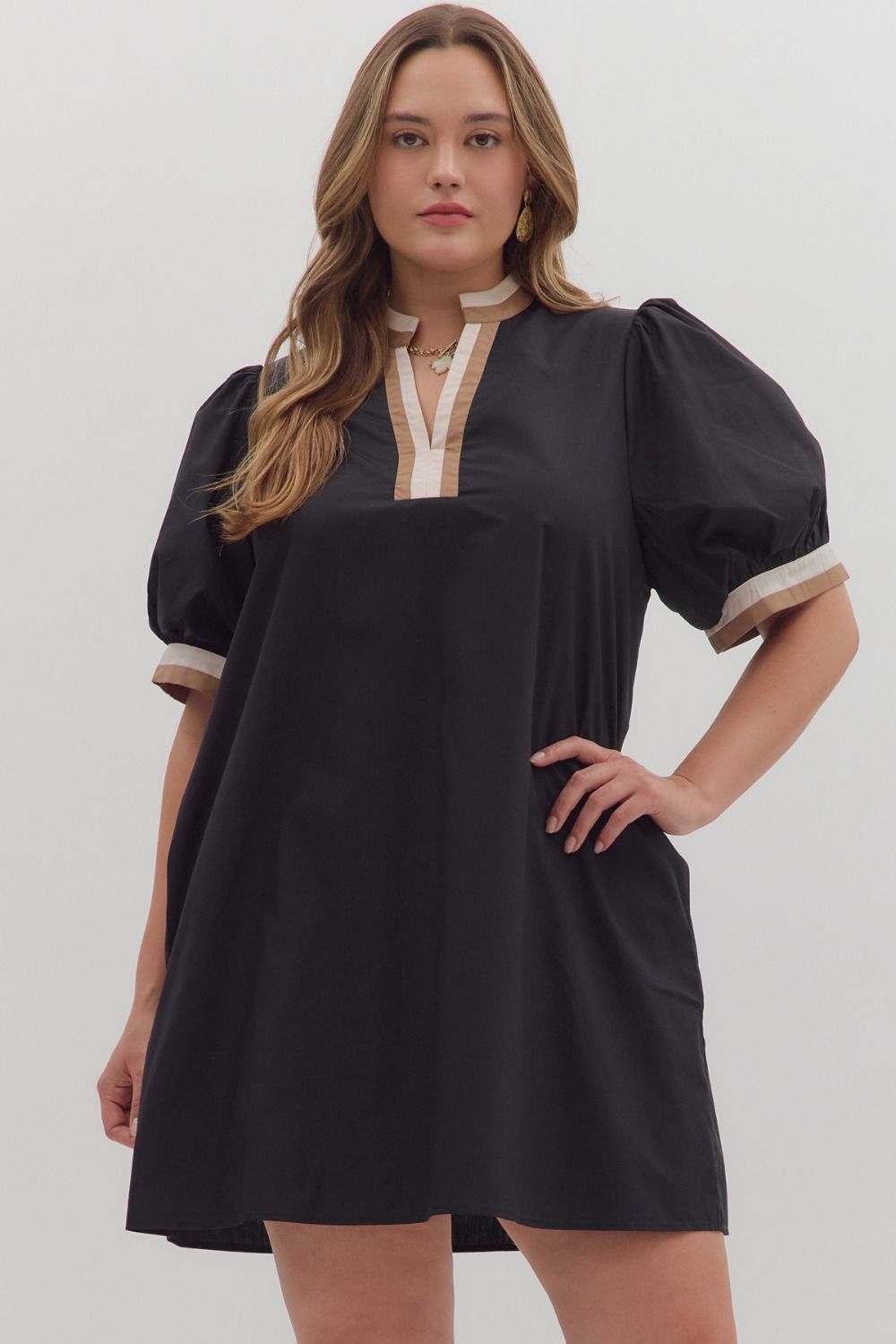 Black Dress With Ivory and Tan Trim Extends