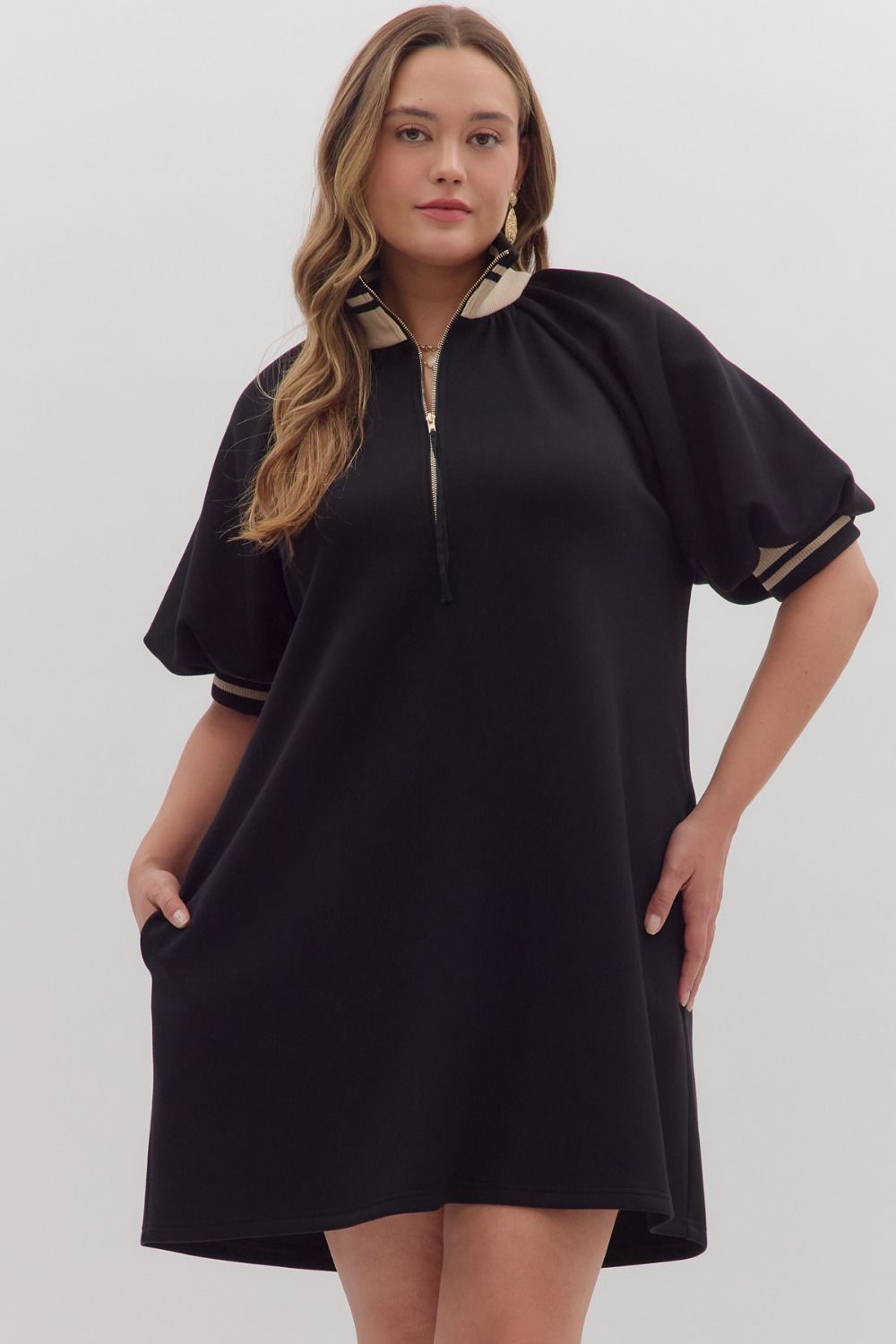 Black Front Zipper Dress With Trimmed Sleeve Extends