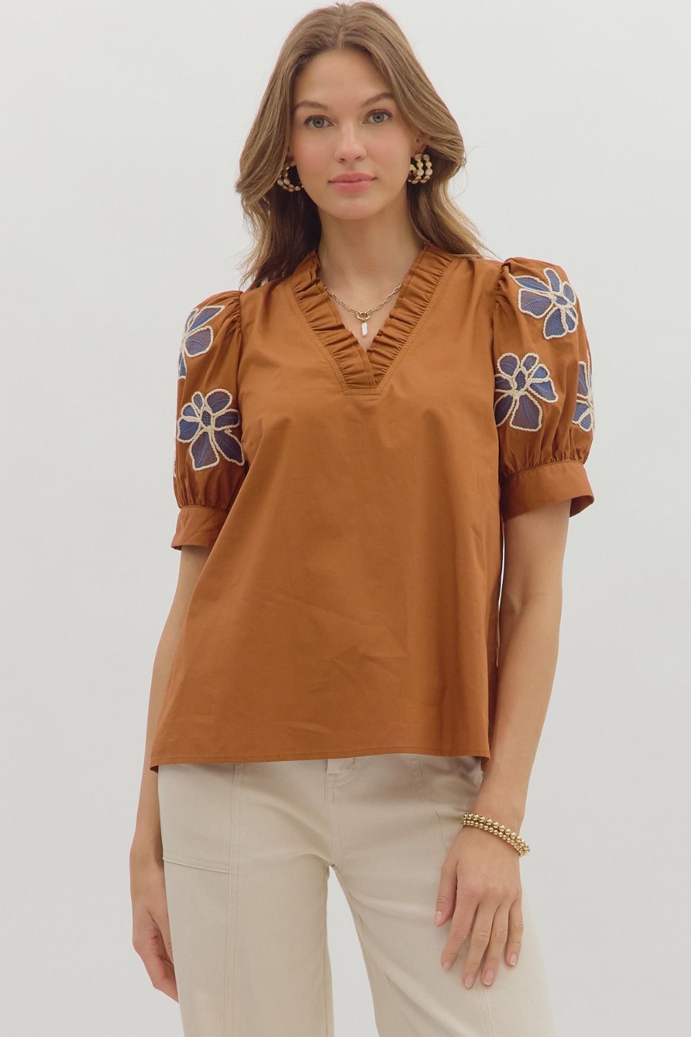 Caramel V-Neck Ruffle Top With Embroidered Sleeve