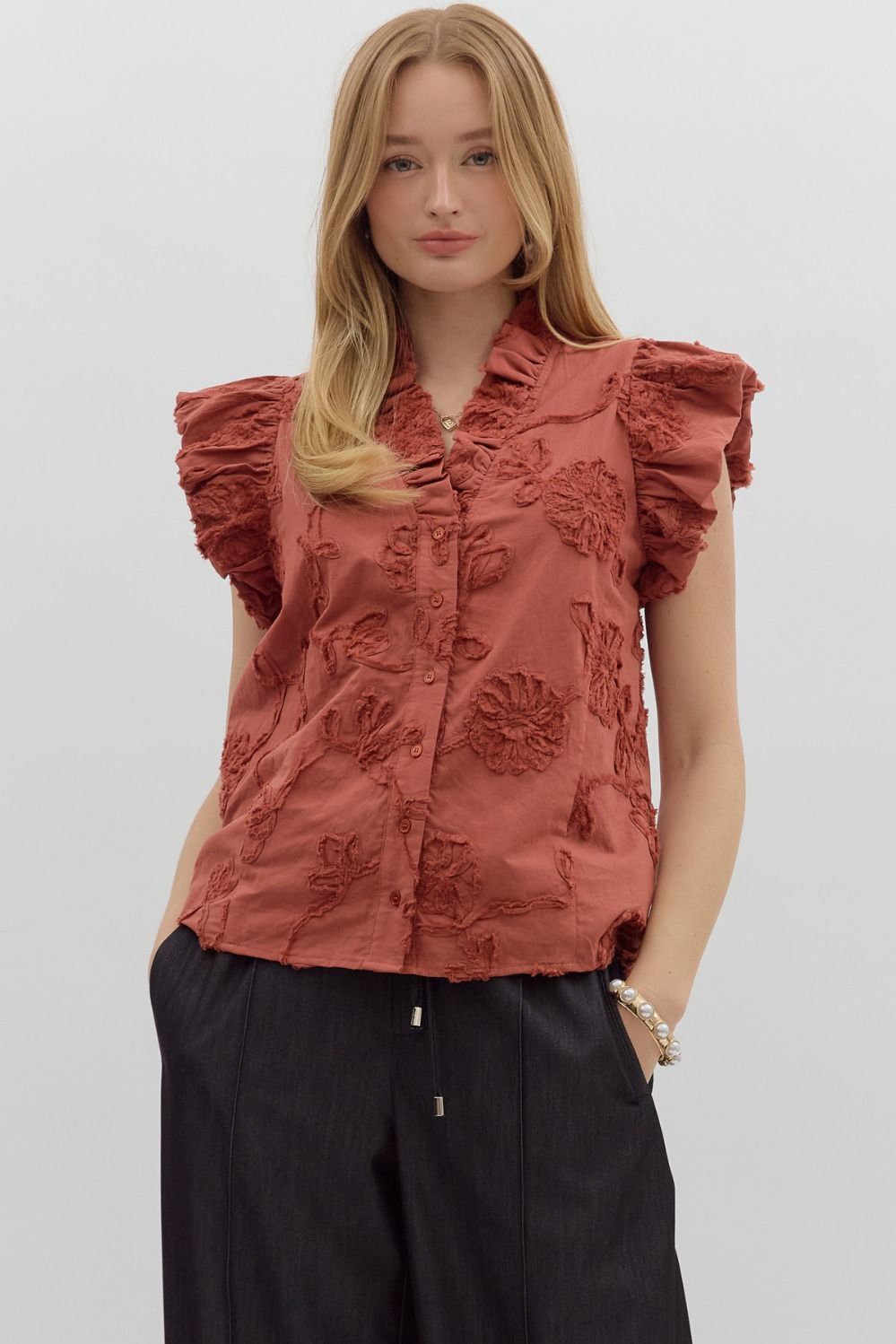 Chestnut V-Neck Textured Top With Fluttered Sleeve
