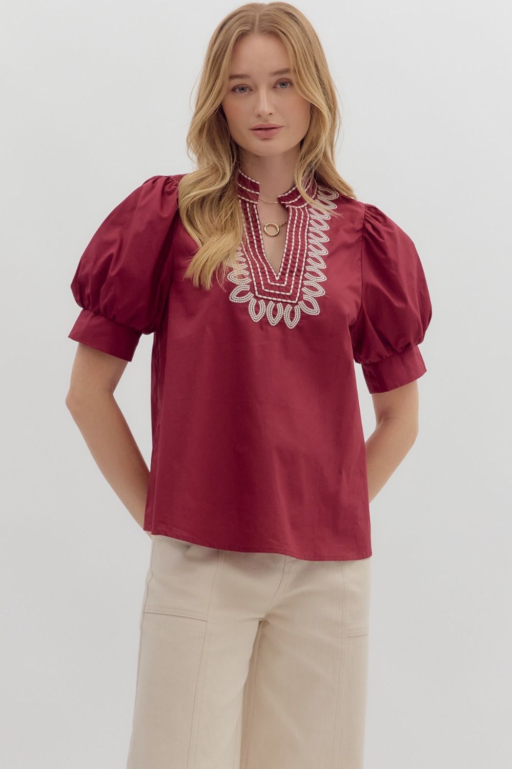 Burgundy Puff Sleeve Top With Cream Stitching