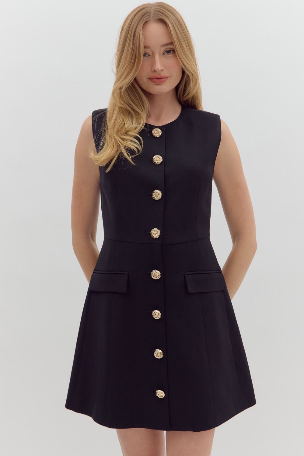 Black Sleeveless Gold Button Enclosure Dress