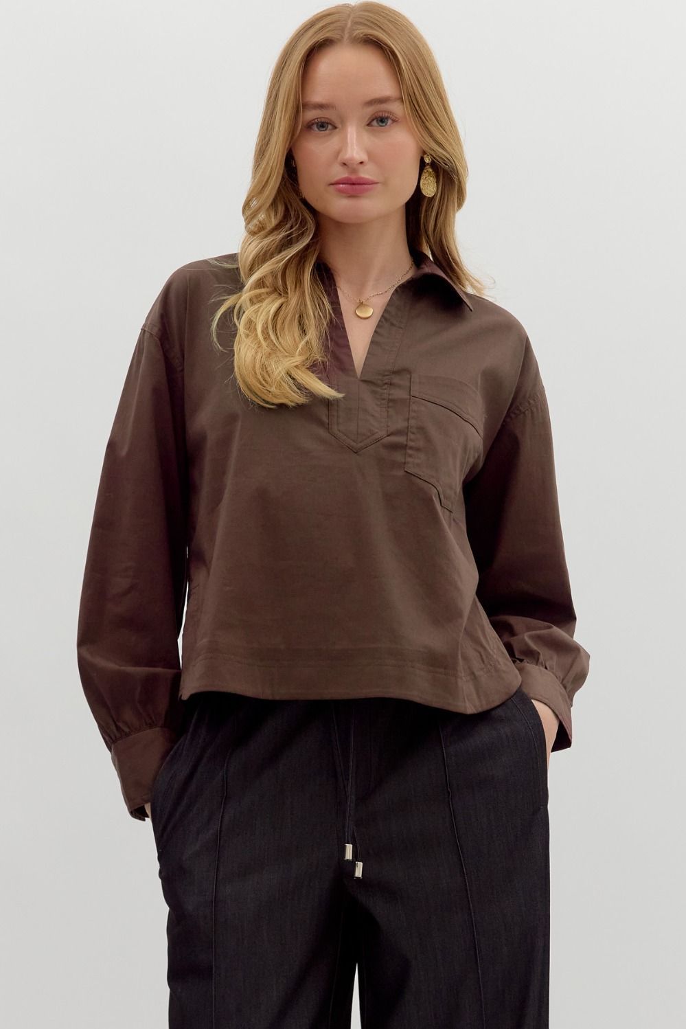 Brown Long Sleeve Spread Collar Top