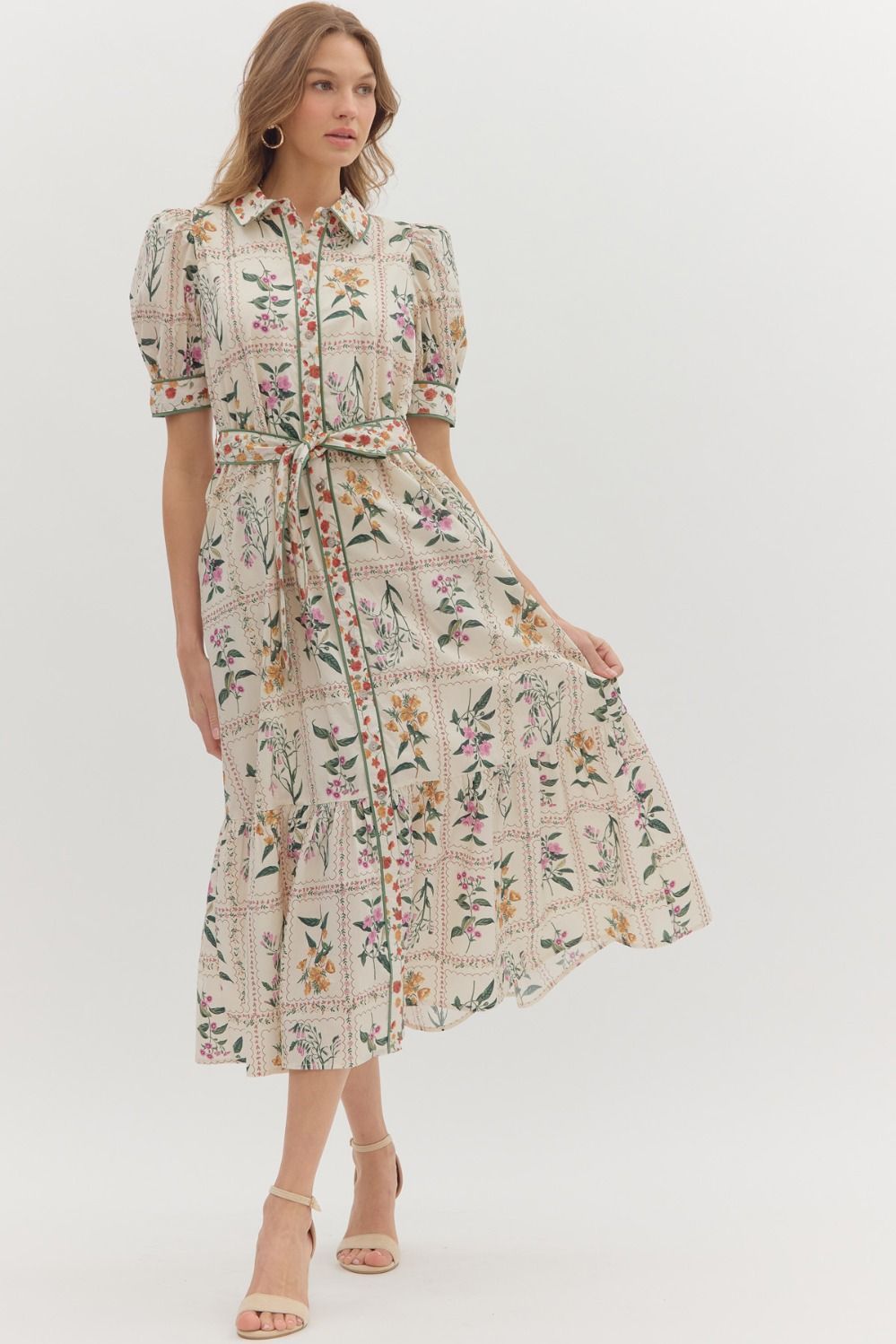 Cream Floral Dress With Tie Belt