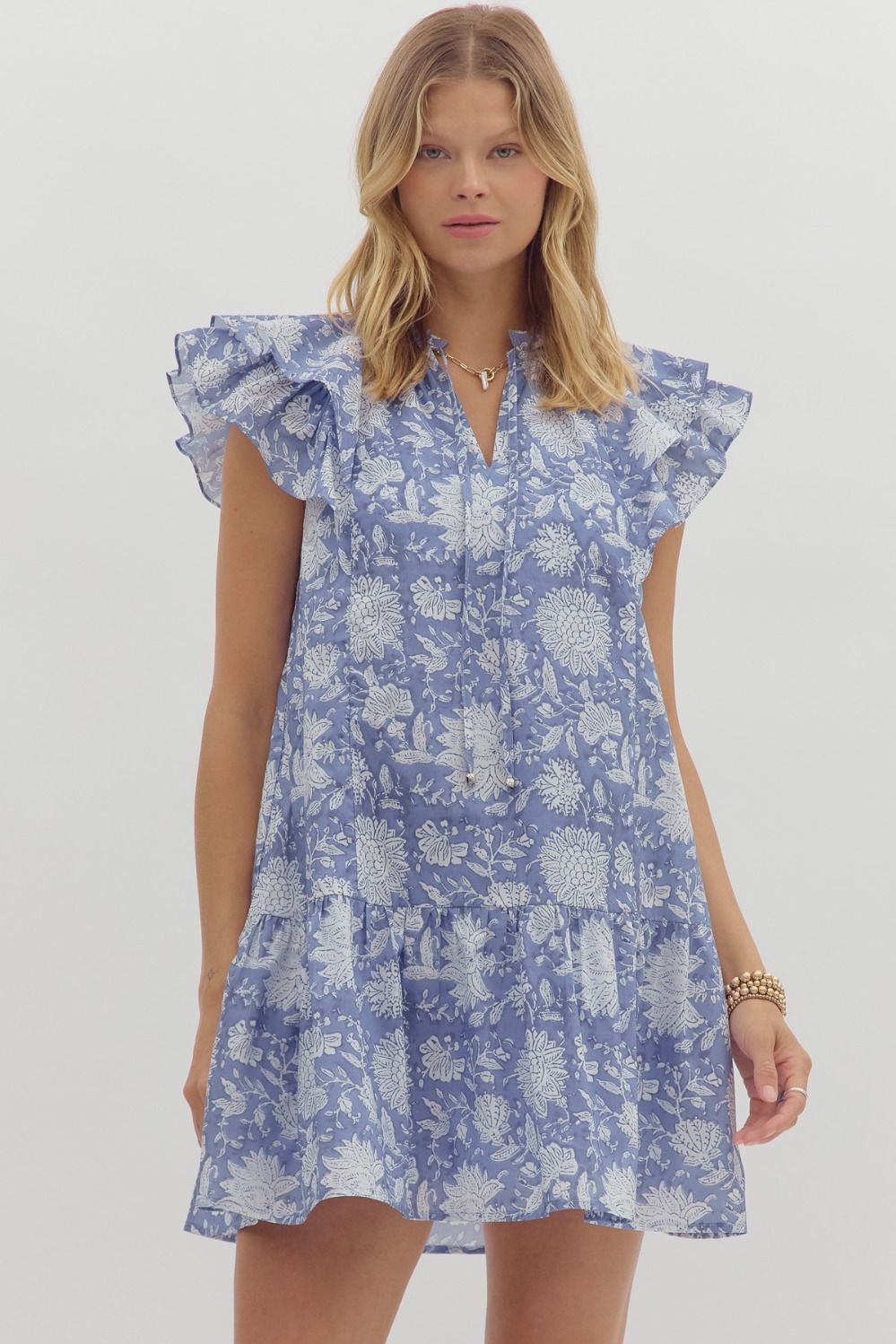 Indigo Blue Floral Flutter Sleeve Dress