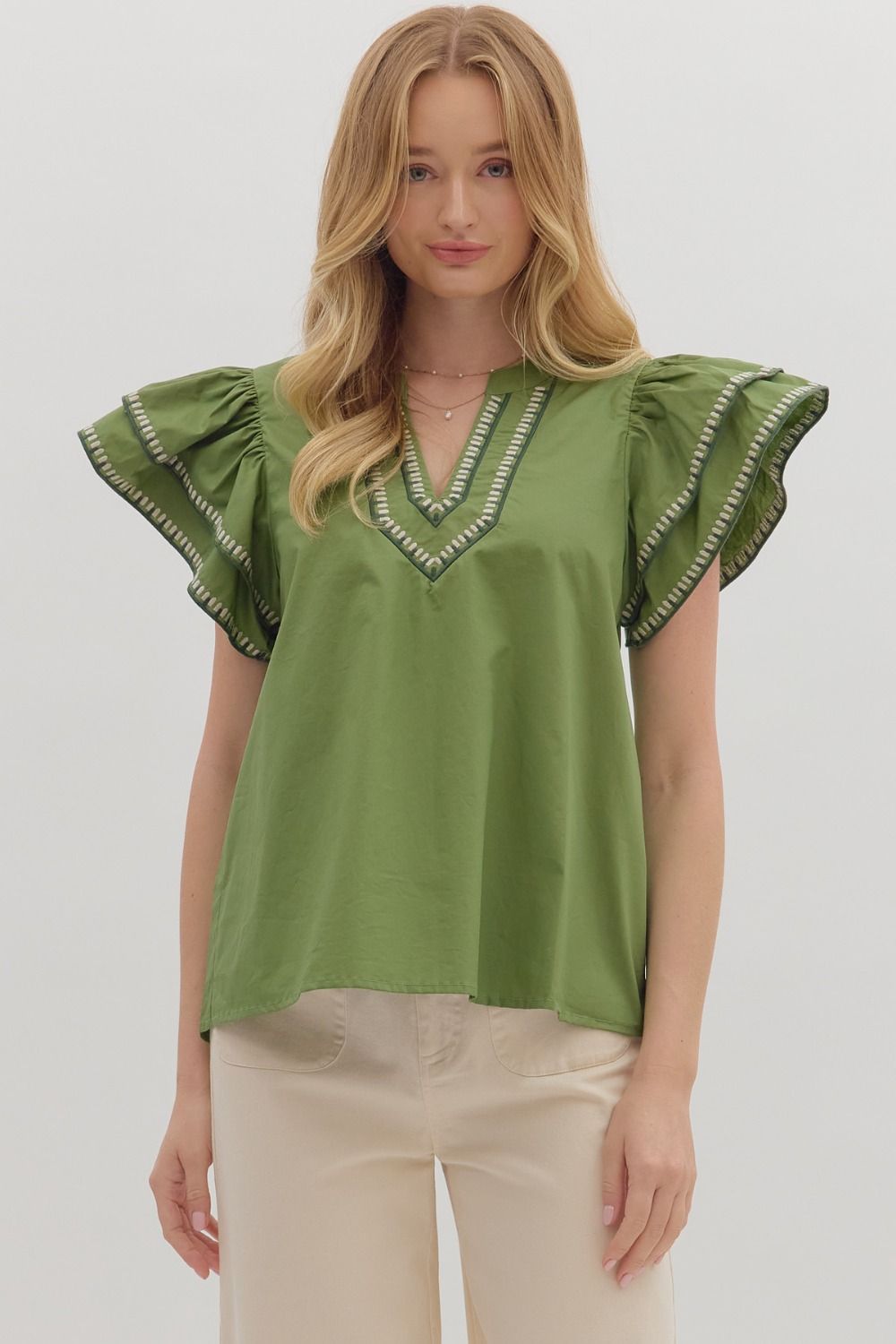 Olive Ruffle Flutter Sleeve Top With V-Neck Trim