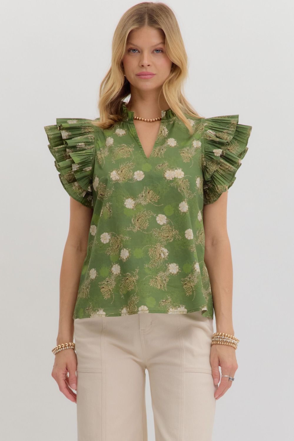 Olive Pleated Flutter Sleeve Top