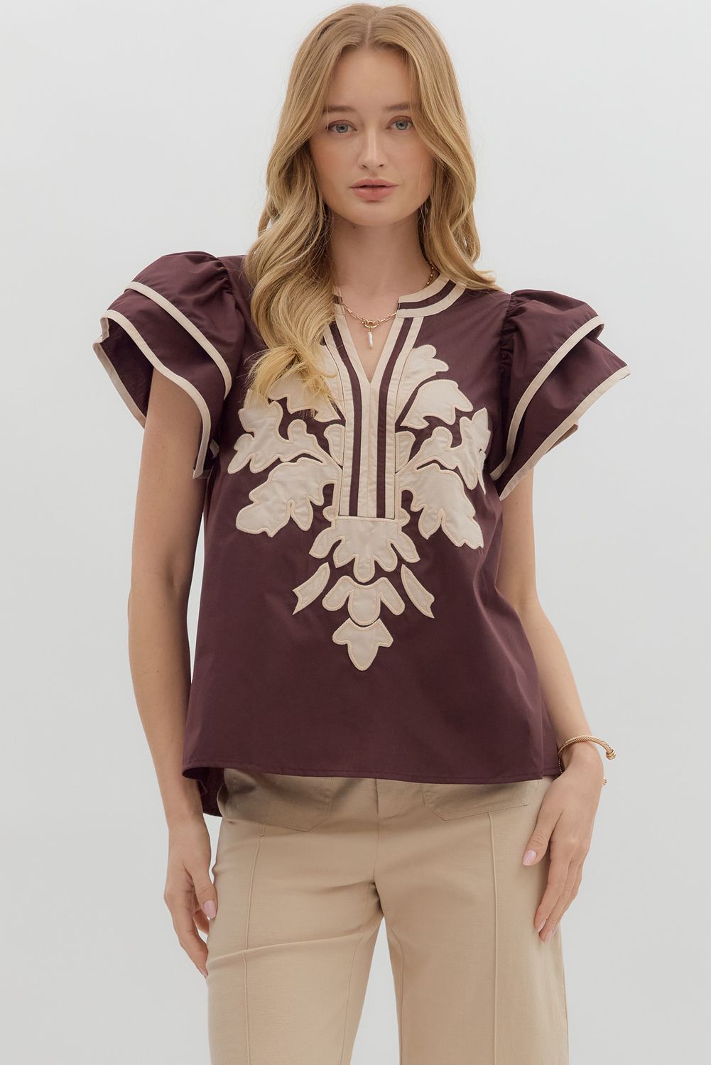 Espresso Flutter Sleeve Cream Appliqued Top