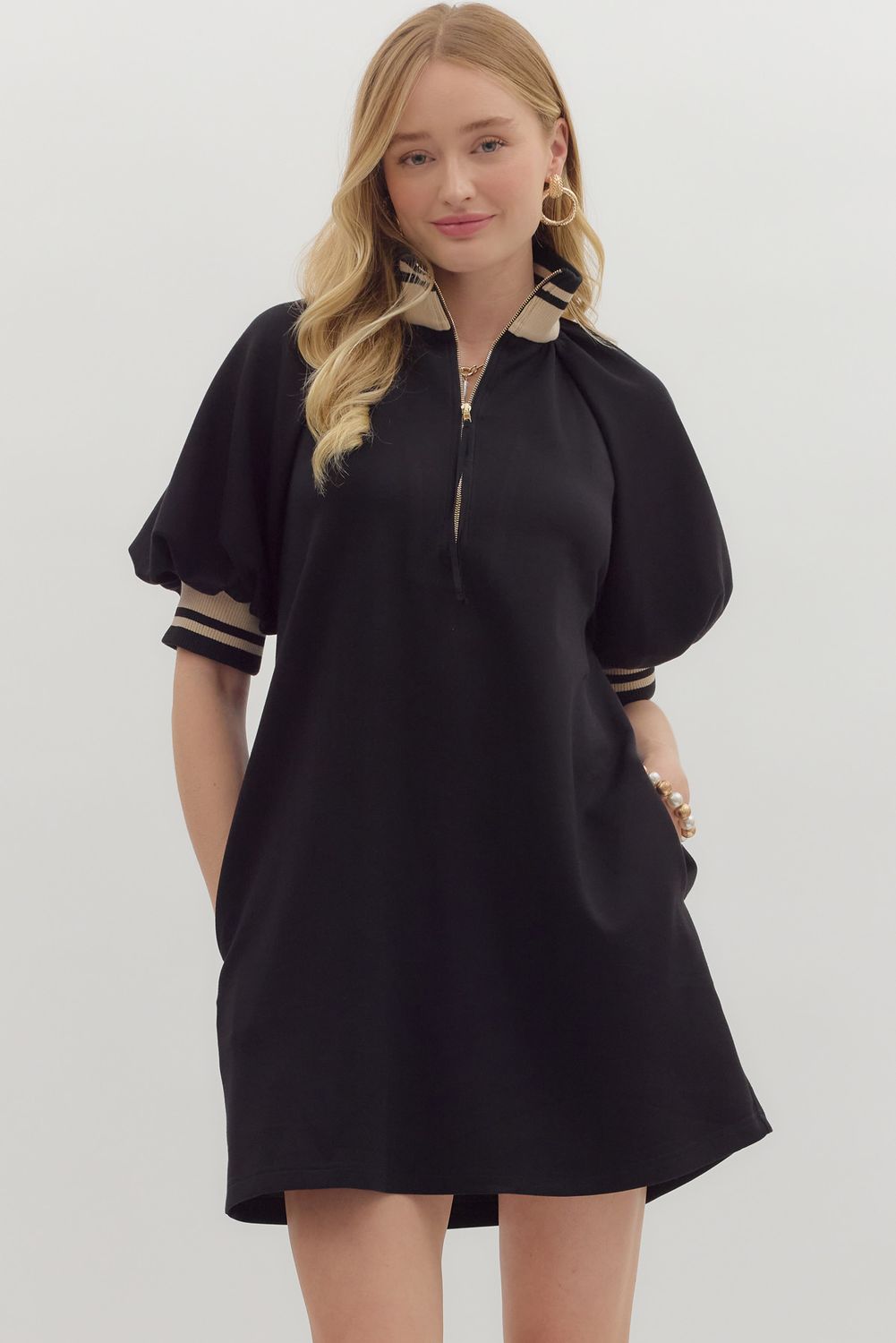Black Front Zipper Dress With Trimmed Sleeve