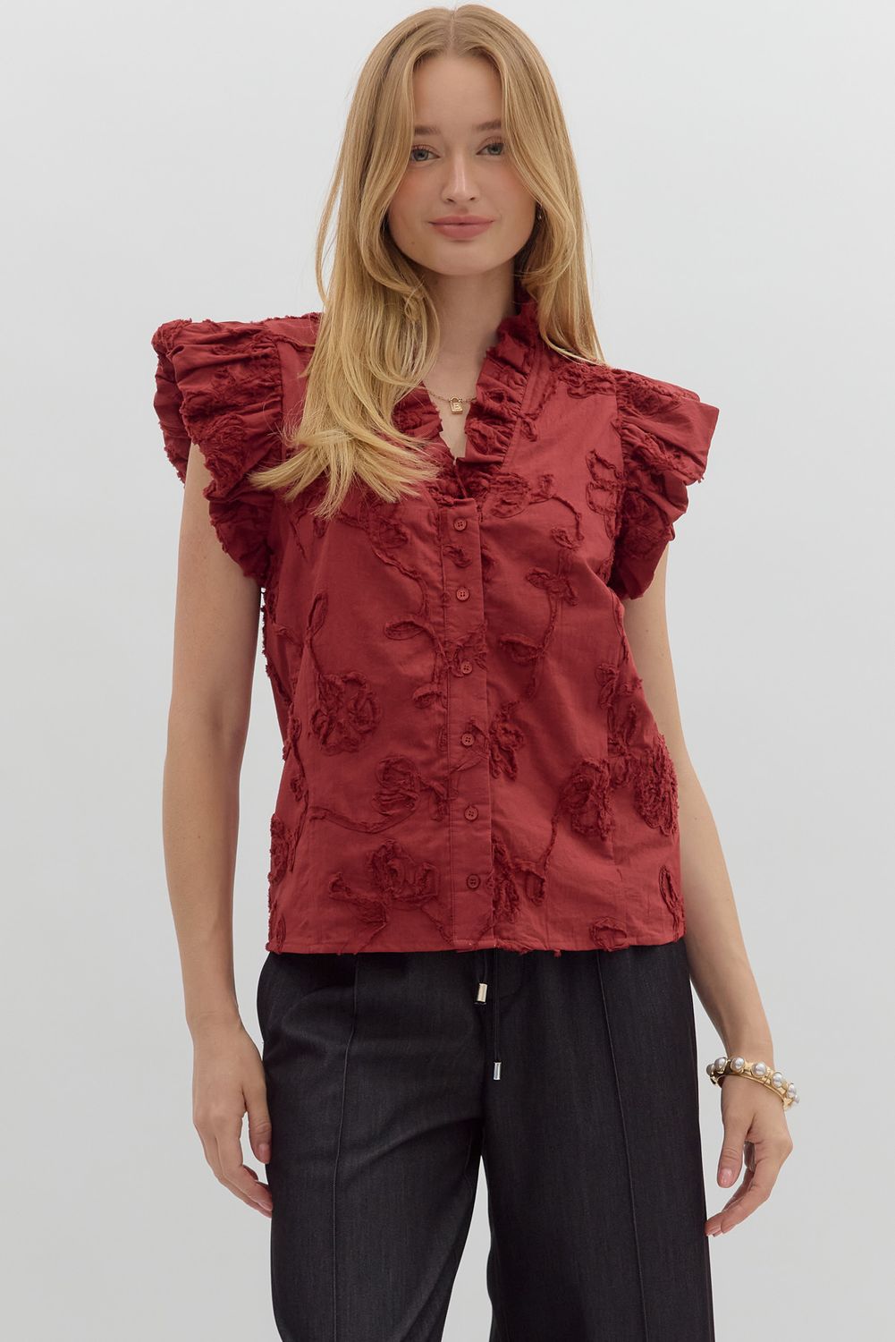 Wine V-Neck Textured Top With Fluttered Sleeve
