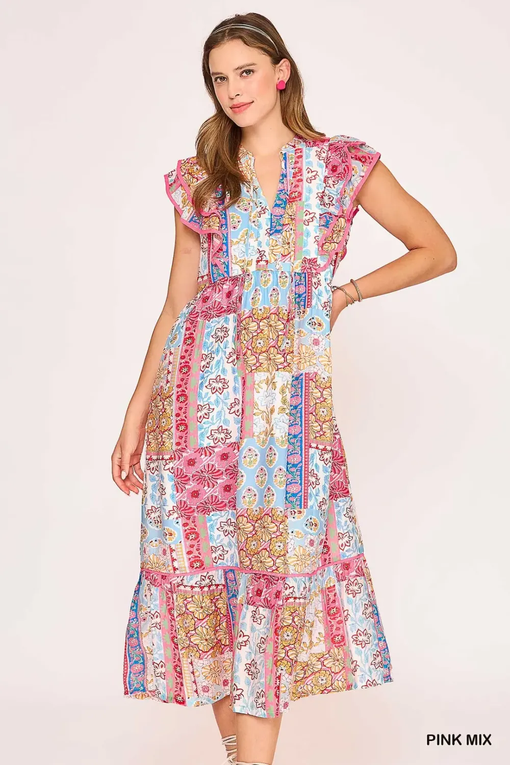 Pink Mix Patchwork Midi Dress With Front Tie