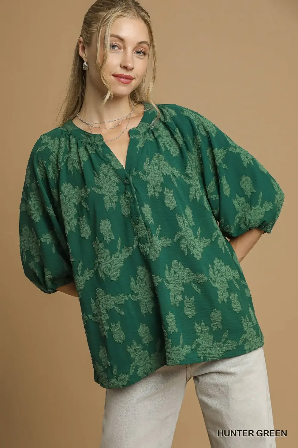 Hunter Green Floral Burnout Split Neck Top