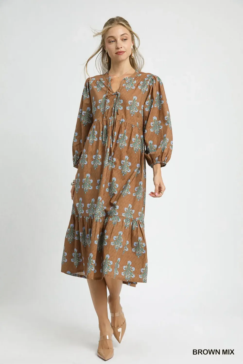 Flower Block Print Midi Dress With Ribbon Ties