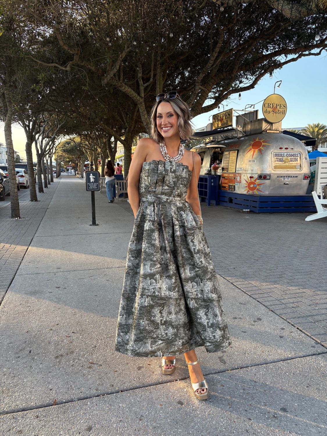 Olive Print Pinch Pleat Strapless Dress