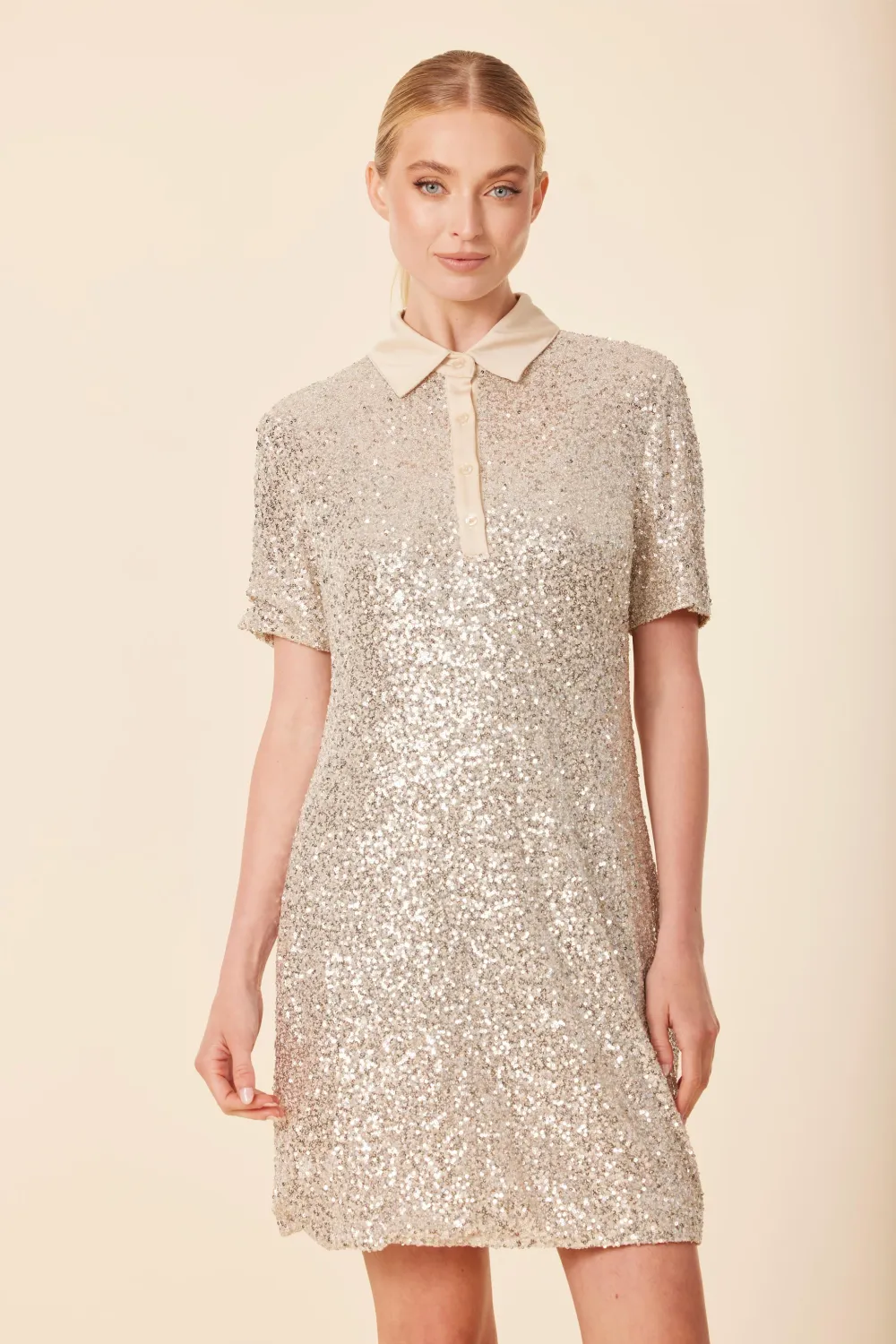 Champagne Sequin Short Sleeve Polo Dress