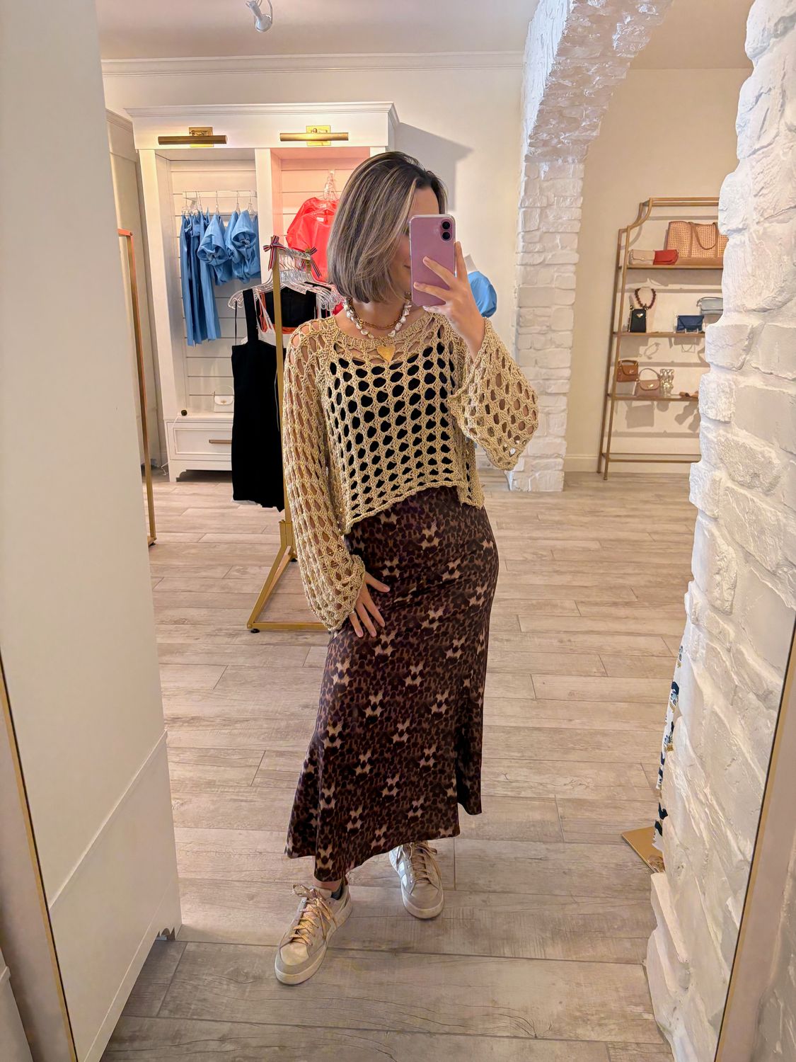 Gold Open Crochet Bell Sleeve Top O/S