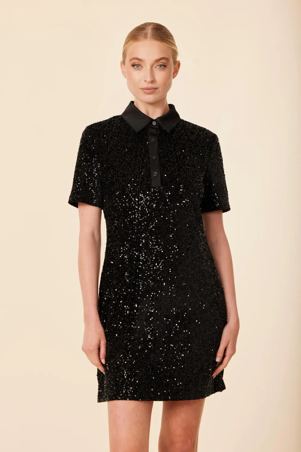 Black Sequin Short Sleeve Polo Dress