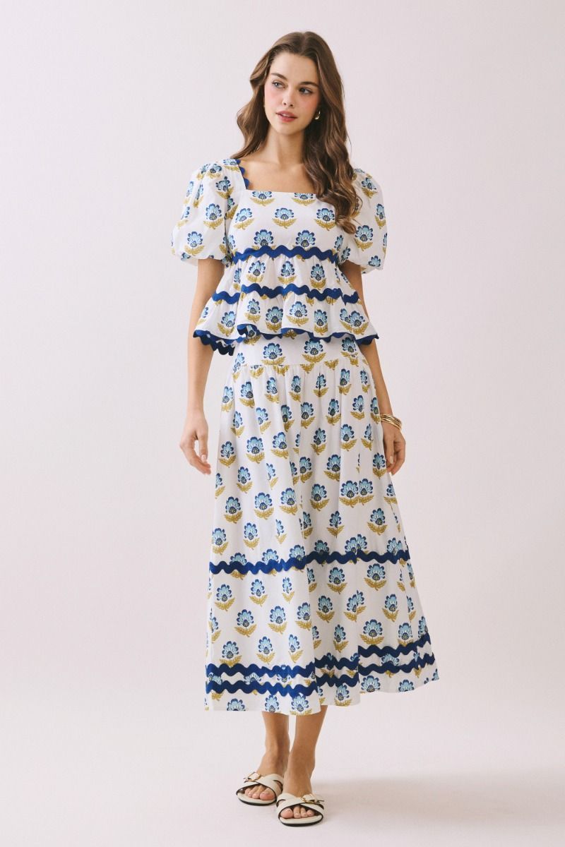 Puff Sleeve Top/Skirt Set Cream Navy/Green