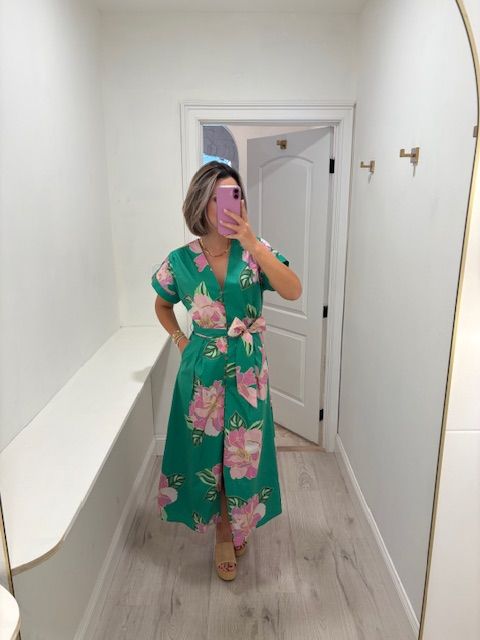 Green/Pink Floral Print Midi
