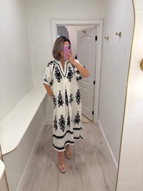 Unlined Border Print Midi Off White