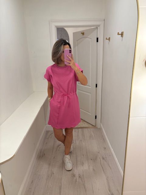 Scallop Hem Drawstring Dress Pink