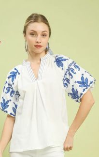 Off White Top With Blue Embroidered Sleeve