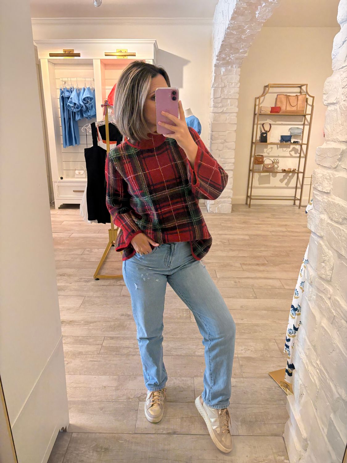 Red Plaid Mock Neck Sweater