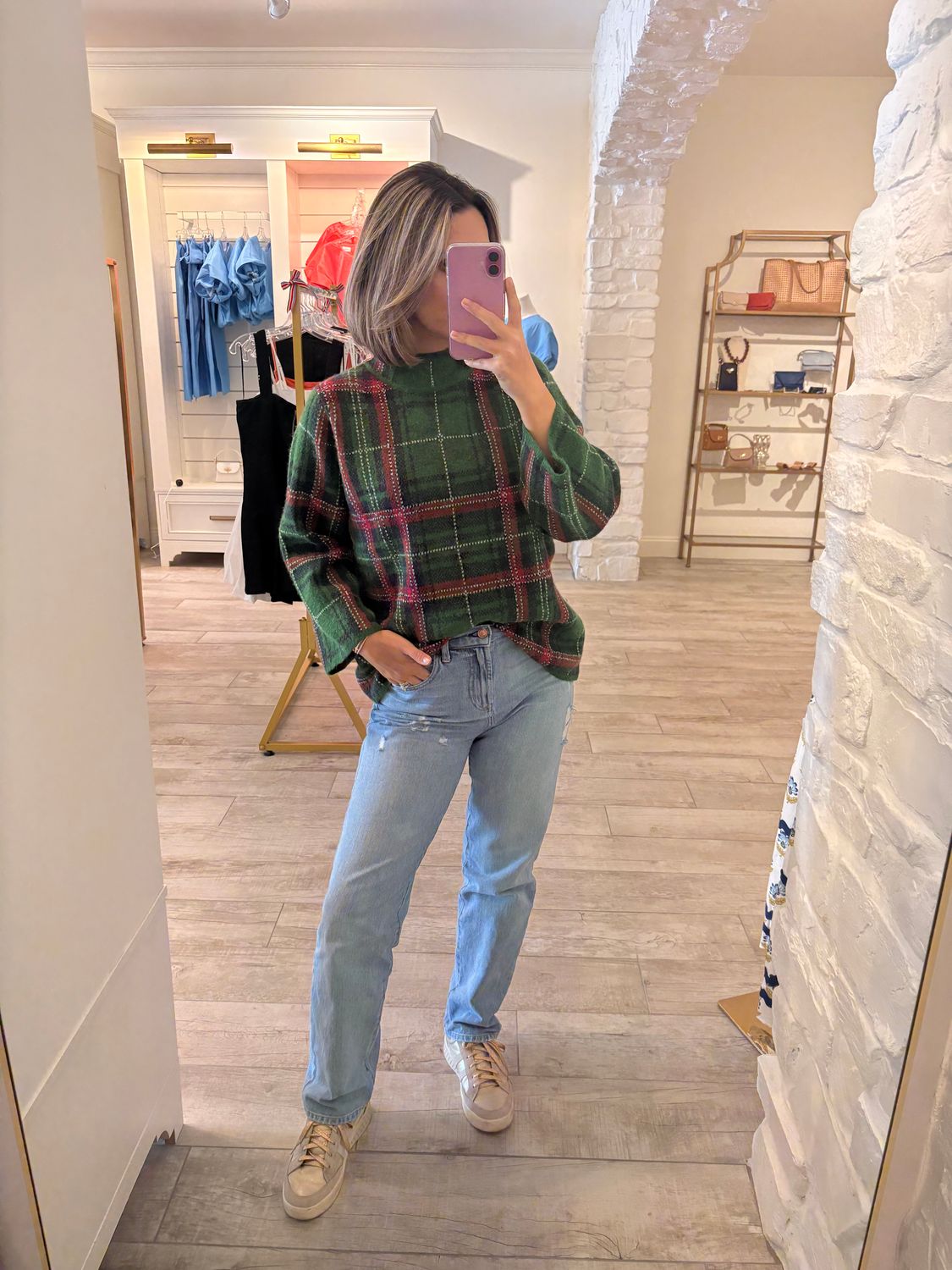 Green Plaid Mock Neck Sweater