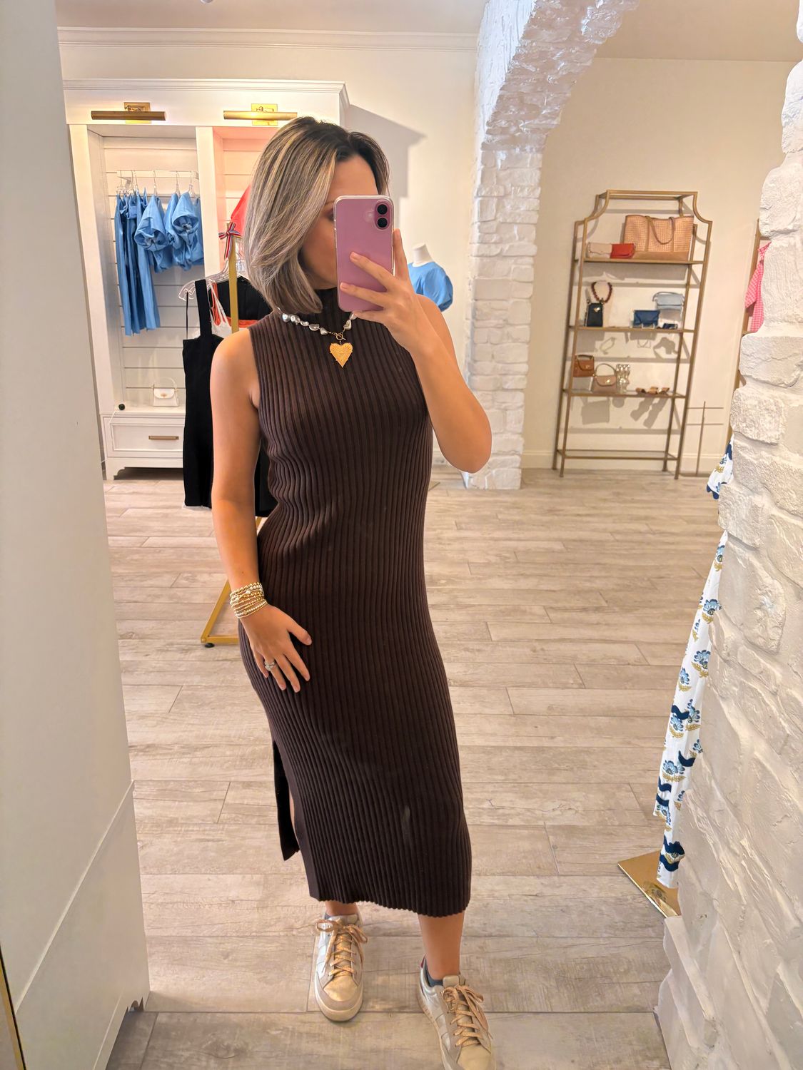 Knit Mock Neck Ribbed Dress Brown