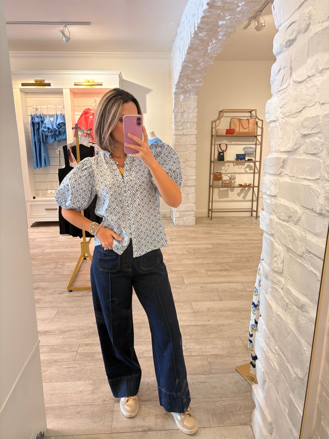 Blue Floral Circle Print Top