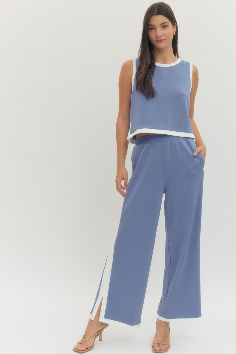 Chambray Crop Knit Top and Pant Set