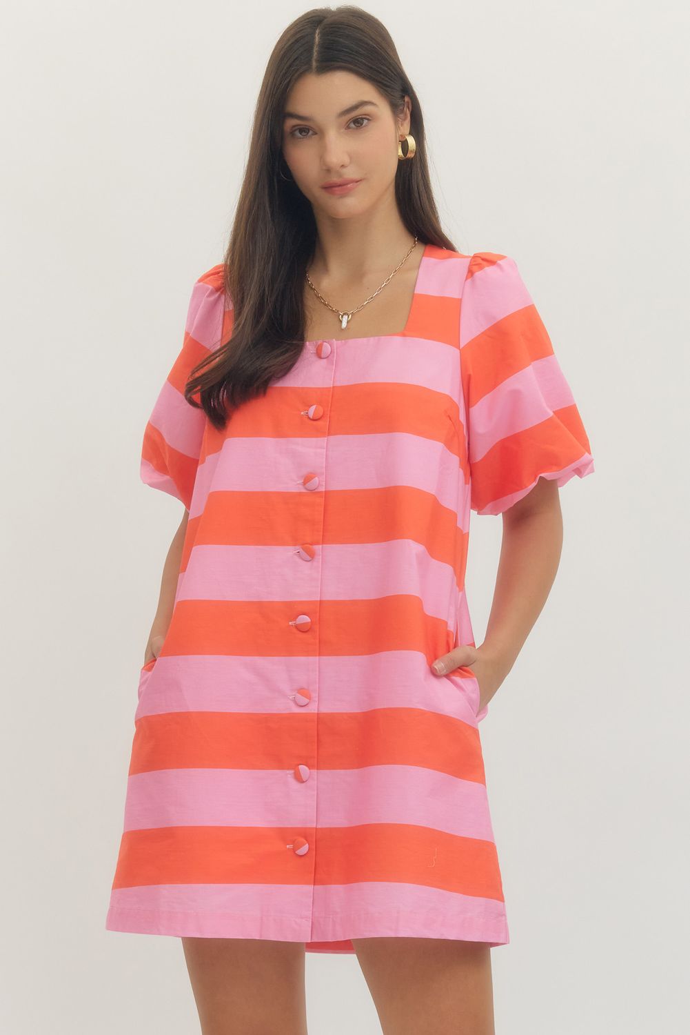 Bold Stripe Puff Sleeve Mini Pink
