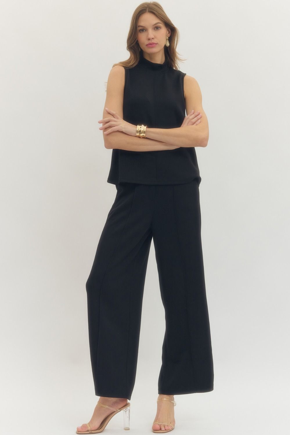 Black Mock Neck Shell and Solid Knit Pant Set