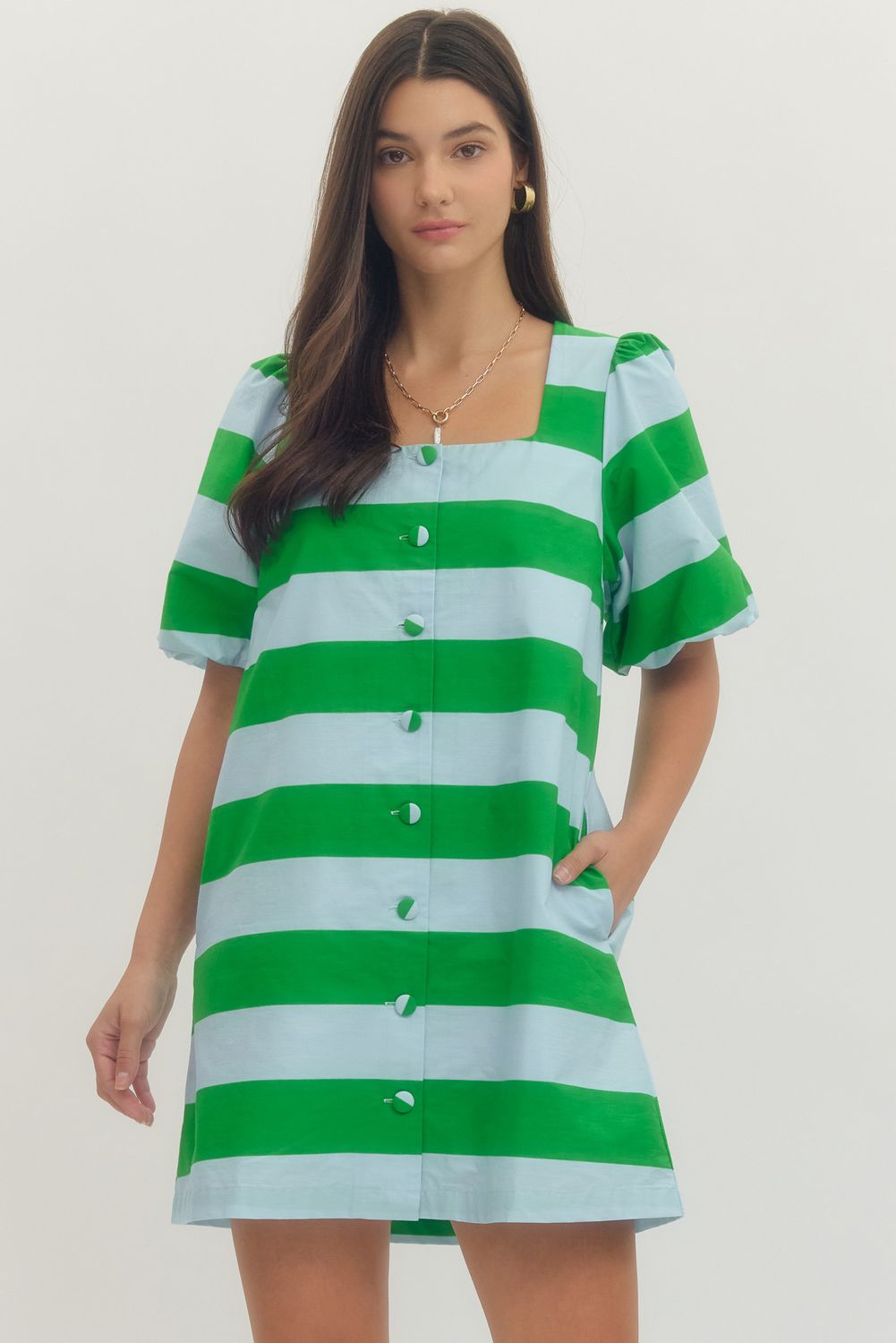 Bold Stripe Puff Sleeve Mini Green